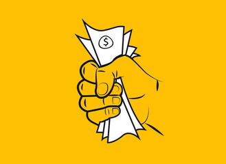 Hand-holding Banknotes. Money on hand. Businessman giving a cache. Vector illustration in flat style isolated on orange