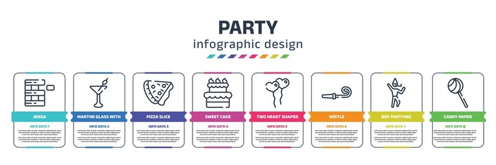 party infographic design template with jenga, martini glass with olive, pizza slice, sweet cake, two heart shaped balloons, wistle, boy partying, candy paper icons. can be used for web, banner, info