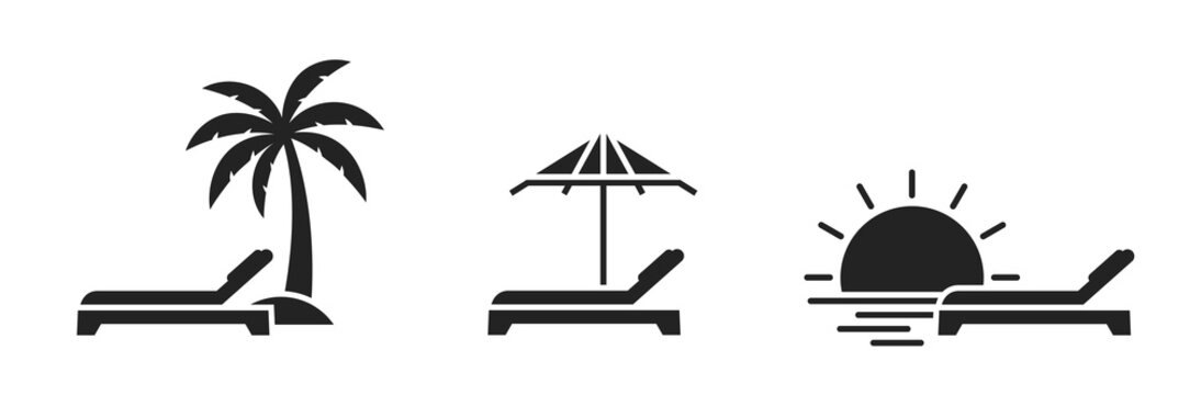 beach icon set. palm, sun umbrella, sunset and sunbed. sea vacation symbol. vector image for tourism design