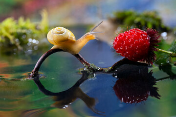An adorable cute yellow snail is attracted by a fresh red wild berry in pond in dreamy background