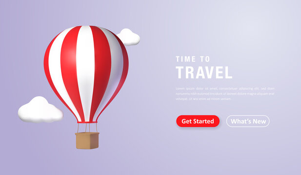 Time to travel landing page concept, realistic 3d hot air balloon flying with clouds. Vector illustration
