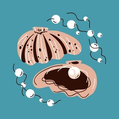 Illustration of a pearl in a clam shell in a cartoon style. A string of pearls on a turquoise background with a shell in which pearls form. Luxurious jewelry for connoisseurs of precious things.