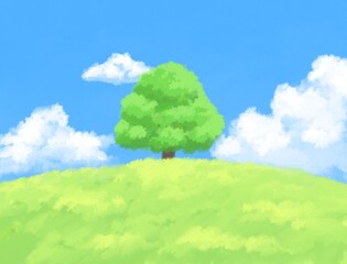 草原と一本木の風景イラスト