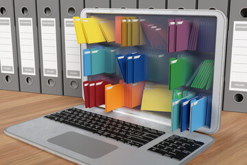 Computer con cartelle colorate per l'archiviazione di documenti. Database.. - obrazy, fototapety, plakaty