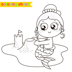 Cute mermaid princess. Coloring book. The Little Mermaid. A magical creature. Vector outline for coloring page.