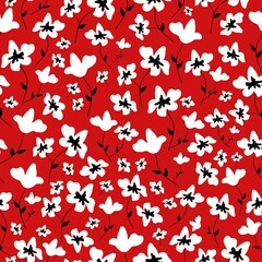 Simple vintage pattern. white flowers , black leaves . Red background. Fashionable print for textiles and wallpaper.