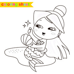 Cute mermaid princess. Coloring book. The Little Mermaid. A magical creature. Vector outline for coloring page.