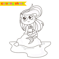 Cute mermaid princess. Coloring book. The Little Mermaid. A magical creature. Vector outline for coloring page.
