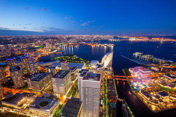 aerial view of yokohama port in japan at night