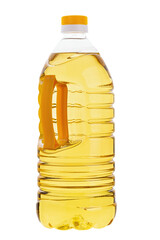 Cooking sunflower oil bottle isolated on white background. Plastic bottle with vegetable organic...
