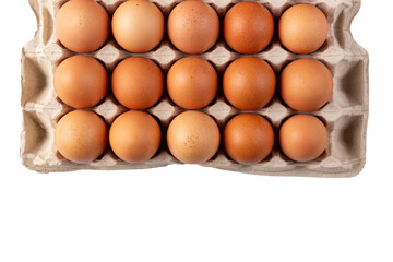 30 eggs raw in a carton box on white background. Thirty fresh chicken eggs. File contains clipping path.