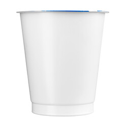 Plastic yogurt container with peel off lid. Yoghurt packaging cup with foil cover, template. Dairy product blank white package, mock-up.