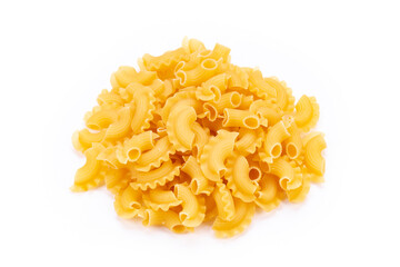 Dried macaroni cockerel scallops. Heap of pasta on white background.