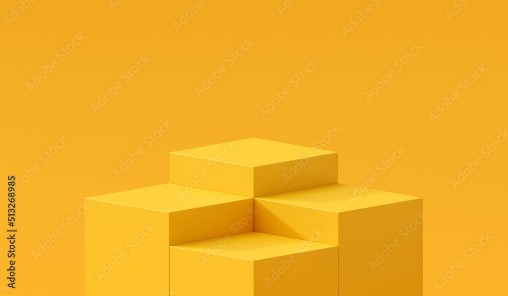 Poster Yellow podium 3d cube stand abstract stage platform or product studio geometric shape on minimal background and blank pedestal display scene space with empty presentation summer sale step backdrop.