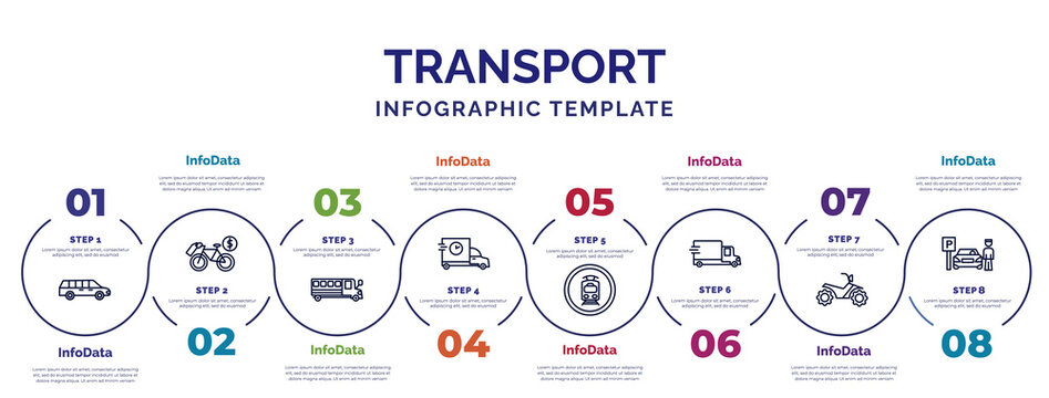 infographic template with icons and 8 options or steps. infographic for transport concept. included long car, school bus empty, carrier, tram stop label, free transport, quad bike, parking men