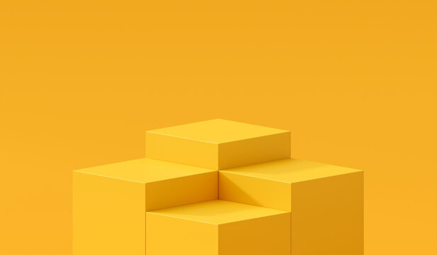 Yellow podium 3d cube stand abstract stage platform or product studio geometric shape on minimal background and blank pedestal display scene space with empty presentation summer sale step backdrop.
