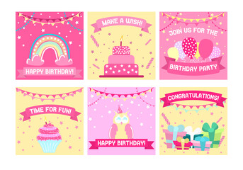 Fototapeta na wymiar Set of 6 square posters and postcards for children's birthday. Isolated on white background. Postcards for girls with rainbows, cupcakes, gifts, balloons and stars. Invitation to children's party.