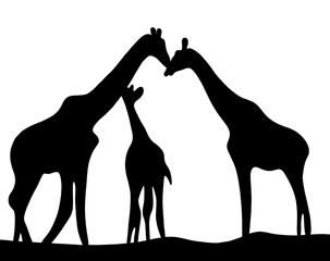 continuous drawing black silhouette family Girafe