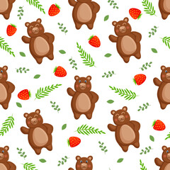 Seamless vector pattern with forest brown bear, strawberry leaves and berries. Vector illustration for fabric, texture, wallpaper, poster, postcard. Editable elements. Cartoon design.