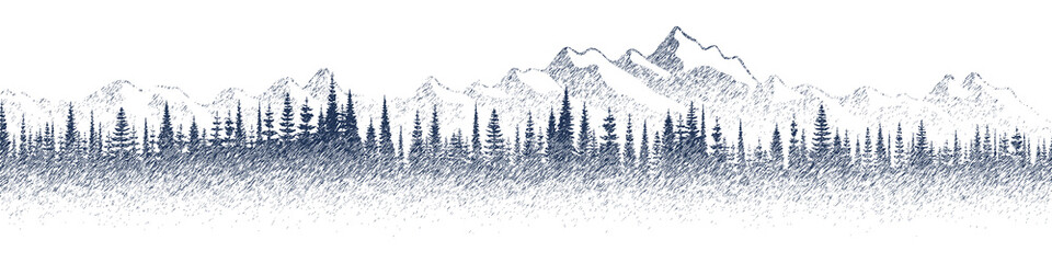 Mountains and forest, imitation of a pencil drawing, vector sketch, banner © Valerii