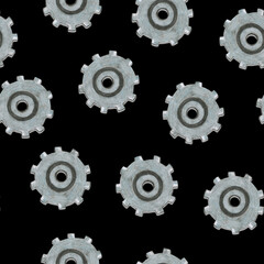 Hand-Drawn Steampunk Gear Transmission Element Digital Paper on Grunge Background. Digital Paper with Metal Gear Illustration Drawn by Colored Pencil and Watercolor.