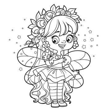 Cute cartoon little fairy looking at a butterfly outlined for coloring on white background