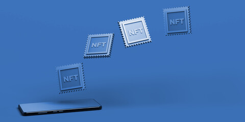 NFT coming out of a smartphone app. Non fungible token investment concept of crypto art on the blockchain. Copy space. 3D illustration.