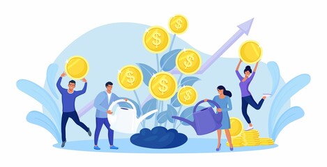 Woman and man watering money tree. Business people characters picking cash from money plants. Growing and making profit. Revenue and income metaphor. Financial growth, successful investment. Vector