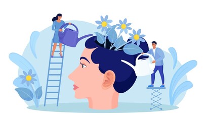 Mental health. Tiny people watering human head with flowers inside. Characters healing mind, soul for happy lifestyle. Psychology. Positive thinking, self care. Wellbeing, acceptance, blooming brain