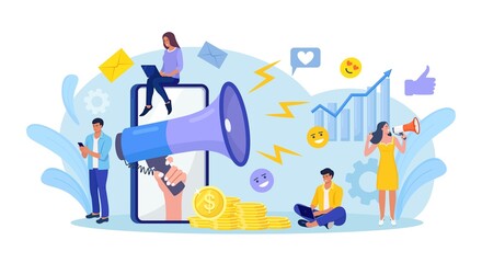 Digital marketing. Hand holding megaphone coming out from phone. Business analysis, content strategy and management. Advertising Social media campaign, communication, SEO