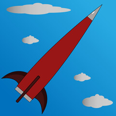 Naklejka premium a red rocket is in a blue sky with some white clouds