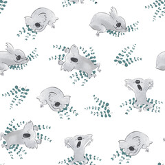 Cute sleepy, sleeping koalas with eucalyptus branches. Children's theme for textiles or postcards or for decorating a children's room.