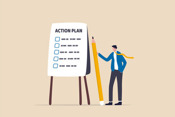 Action plan step by step checklist to progress and finish project, procedure or action steps to develop and complete work concept, businessman present action plan with checklist step on whiteboard. - obrazy, fototapety, plakaty