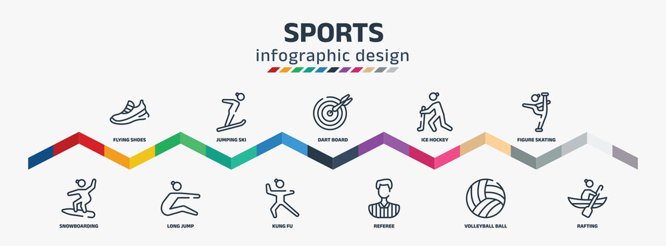 sports infographic design template with flying shoes, snowboarding, jumping ski, long jump, dart board, kung fu, ice hockey, referee, figure skating, rafting icons. can be used for web, info graph.