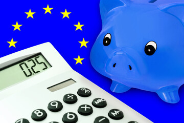 Blue piggy bank and calculator 0,25 with EU Flag