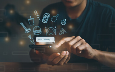People use mobile phones to place online restaurant orders, delivery, technology, internet, food burger icons, pizza, coffee, chicken, sushi, vegetables, noodles, service meal food menu online at home
