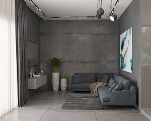 3d illustration. The interior of kitchen-living room in private house, granite floor, concrete wall, concrete furniture. Picture on the wall. TV area with sofa. Curtains on the windows. 3D rendering.