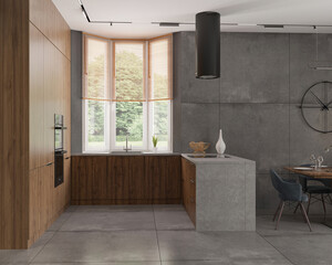 3d illustration. The interior of kitchen-living room in private house, granite floor, concrete wall, wood furniture. Clock on the wall. Dining area with table. Blinds on the windows. 3D rendering.
