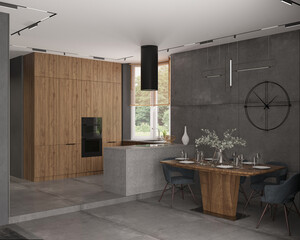 3d illustration. The interior of kitchen-living room in private house, granite floor, concrete wall, wood furniture. Clock on the wall. Dining area with table. Blinds on the windows. 3D rendering.