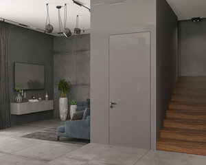 3d illustration. The interior of kitchen-living room in private house, granite floor, concrete wall, wood-concrete furniture.  TV area with sofa. Curtains on the windows. 3D rendering.