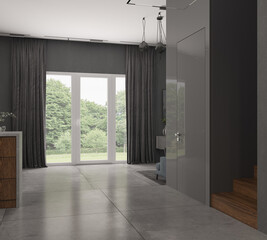 3d illustration. Modern interior of living room-kitchen in private house in dark gray tones, granite and natural wood. Entrance group, exit to the backyard garden, panoramic windows. 3d render.