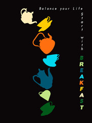 Equilibra tu vida, comienza con el desayuno. Composición multicolor sobre fondo negro