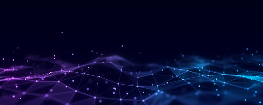 Abstract futuristic wave with moving dots. Flow of colored particles. Cyber technology illustration. Big data visualization. 3d rendering