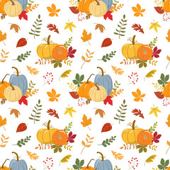 Autumn harvest festival vector seamless pattern with orange and yellow pumpkins, and color forest leaves. Isolated on white background. Autumn harvest illustration. Thanksgiving wallpaper.