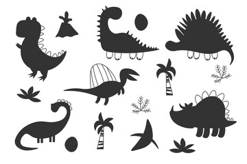 Dinosaur black silhouette set. Reptile shape collection, predators and herbivores dino. Funny dinosaurs. Kids design for fabric or textile. Vector illustration isolated EPS © alxyzt