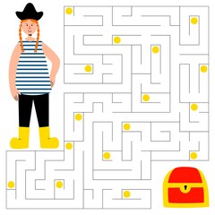 Maze game for children. Cute pirate girl is looking for a way to the treasure chest, collecting coins along the way. Children's educational game.
