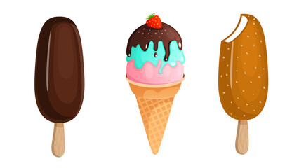 Ice cream set with chocolate, caramel icing and strawberries. Vector illustration of summer sweets.
