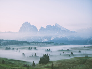 mountain scenery in a foggy landscape