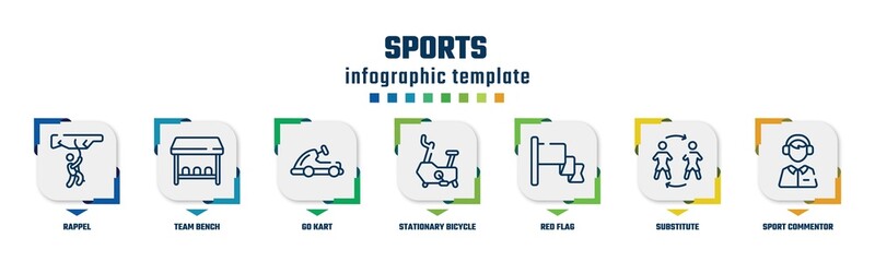 sports concept infographic design template. included rappel, team bench, go kart, stationary bicycle, red flag, substitute, sport commentor icons and 7 option or steps.