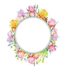 Obraz na płótnie Canvas round floral frame ornament with iris flowers on a white background, for the design of cards and invitations